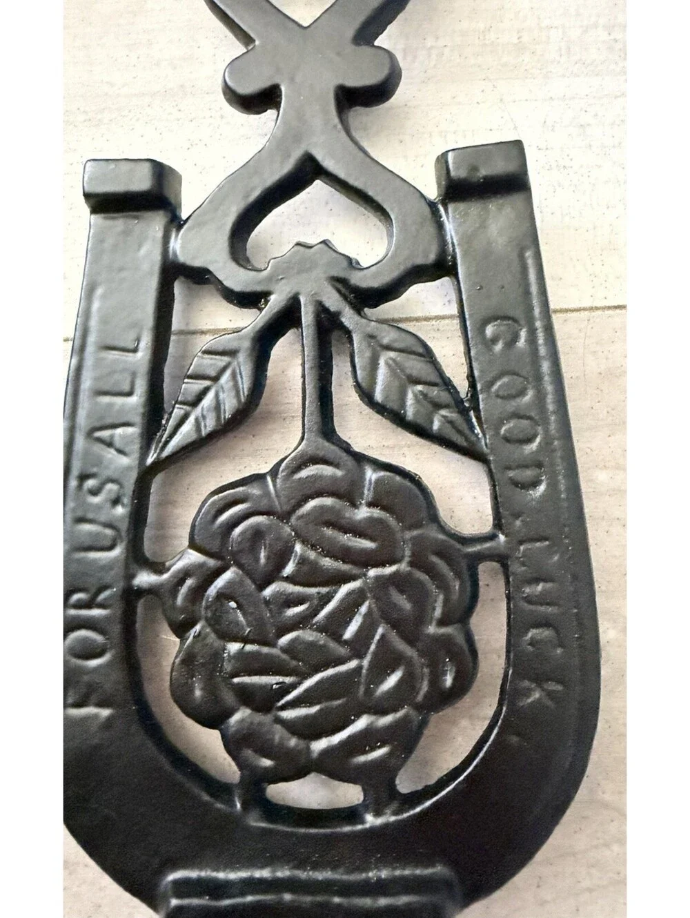 Cast Iron Trivet Flower Hearts Vtg “Good Luck For Us All” Kitchen Decor